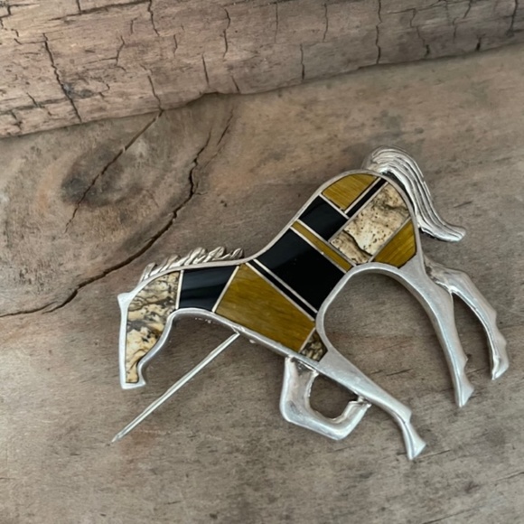 Zuni Inlay Horse Pin Brooch Tiger Eye, Onyx, Jasper, Sterling Silver - Picture 5 of 13